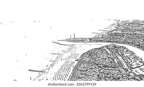 Italy, Jesolo. Light House Faro di Piave Vecchia. Lido di Jesolo, is the beach area of the city of Jesolo in the province of Venice. Doodle sketch style. Aerial view