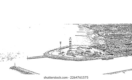 Italy, Jesolo. Light House Faro di Piave Vecchia. Lido di Jesolo, is the beach area of the city of Jesolo in the province of Venice. Doodle sketch style. Aerial view