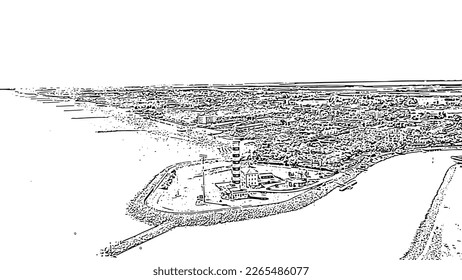 Italy, Jesolo. Light House Faro di Piave Vecchia. Lido di Jesolo, is the beach area of the city of Jesolo in the province of Venice. Doodle sketch style. Aerial view