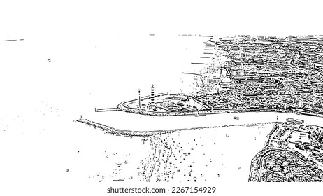 Italy, Jesolo. Light House Faro di Piave Vecchia. Lido di Jesolo, is the beach area of the city of Jesolo in the province of Venice. Doodle sketch style. Aerial view