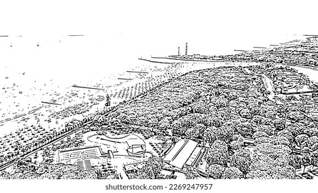 Italy, Jesolo. Light House Faro di Piave Vecchia. Lido di Jesolo, is the beach area of the city of Jesolo in the province of Venice. Doodle sketch style. Aerial view