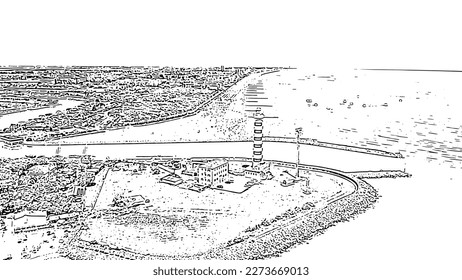 Italy, Jesolo. Light House Faro di Piave Vecchia. Lido di Jesolo, is the beach area of the city of Jesolo in the province of Venice. Doodle sketch style. Aerial view