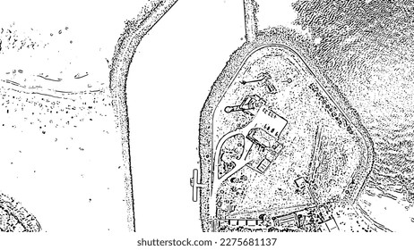 Italy, Jesolo. Light House Faro di Piave Vecchia. Lido di Jesolo, is the beach area of the city of Jesolo in the province of Venice. Doodle sketch style. Aerial view