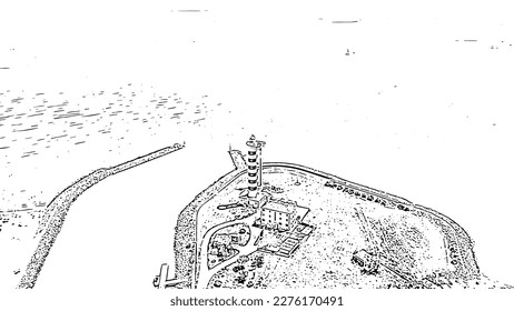Italy, Jesolo. Light House Faro di Piave Vecchia. Lido di Jesolo, is the beach area of the city of Jesolo in the province of Venice. Doodle sketch style. Aerial view