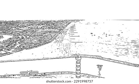 Italy, Jesolo. Light House Faro di Piave Vecchia. Lido di Jesolo, is the beach area of the city of Jesolo in the province of Venice. Doodle sketch style. Aerial view