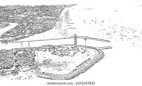 Italy, Jesolo. Light House Faro di Piave Vecchia. Lido di Jesolo, is the beach area of the city of Jesolo in the province of Venice. Doodle sketch style. Aerial view
