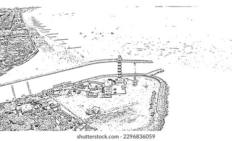 Italy, Jesolo. Light House Faro di Piave Vecchia. Lido di Jesolo, is the beach area of the city of Jesolo in the province of Venice. Doodle sketch style. Aerial view