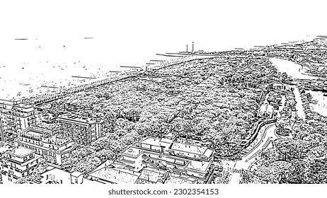 Italy, Jesolo. Light House Faro di Piave Vecchia. Lido di Jesolo, is the beach area of the city of Jesolo in the province of Venice. Doodle sketch style. Aerial view