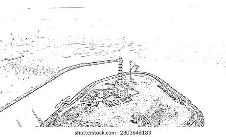 Italy, Jesolo. Light House Faro di Piave Vecchia. Lido di Jesolo, is the beach area of the city of Jesolo in the province of Venice. Doodle sketch style. Aerial view