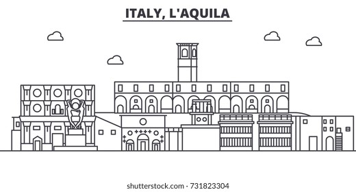 Italy, L aquila architecture line skyline illustration. Linear vector cityscape with famous landmarks, city sights, design icons. Landscape wtih editable strokes