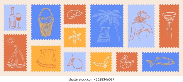 Italy la dolce vita vintage stamps. Mediterranean placard or poster. Summer in Amalfi. Sticker print with image of crab, beach decor, girl, boat. Vector illustration doodle.