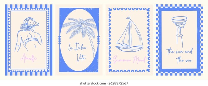 Italy la dolce vita vintage posters. Summer Italy. Vector illustrations in ink line doodle sketch. Print, wall art vector travel postcard stamp, summer engraving emblem, placard or poster.