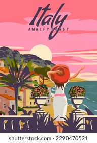 Italy, Lady on vacation, Riviera coast poster vintage, palm, resort, coast, sea, beach svg