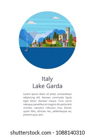 Italy. Lake Garda. City Salo. Vector illustration. Postcard with sights. There is room for text. svg