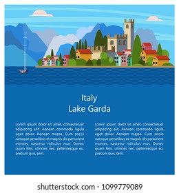 Italy. Lake Garda. City Salo. Vector illustration. Postcard with sights. There is room for text.