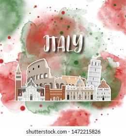 Italy Landmark Global Travel And Journey watercolor background. Vector Design Template.used for your advertisement, book, banner, template, travel business or presentation