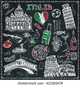 Italy Landmark,food Set.Vintage Vector.Hand Drawn Doodle Chalk Sketchy.Italian Hello.Coliseum,bridges Of Venice,tower Of Pisa,Vatican.Travel Illustration Background.Colored Vector 