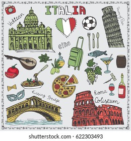Italy landmark,food set.Vintage vector.Hand drawn doodle sketchy.Italian hello.Coliseum,bridges of Venice,tower of Pisa,Vatican.Travel illustration background.Colored Vector 