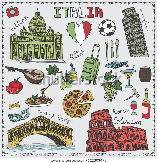 Italy\
landmark,food set.Vintage vector.Hand drawn doodle sketchy.Italian\
hello.Coliseum,bridges of Venice,tower of Pisa,Vatican.Travel\
illustration background.Colored Vector\
