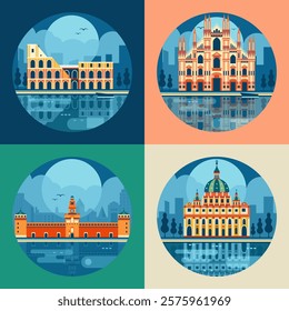 Italy landmarks of Rome, Vatican and Milan. Italian travel places including cathedral, palace, castle and amphitheater in flat design. Popular architectural monuments and tourist symbols.