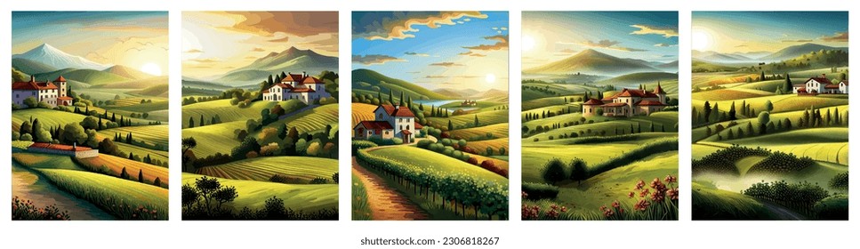 Italy landscape with houses, fields, and trees in the background. Vector illustration. Flat design poster. European summer village.
