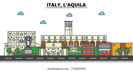 Italy, L'aquila. City skyline: architecture, buildings, streets, silhouette, landscape, panorama, landmarks. Editable strokes. Flat design line vector illustration concept. Isolated icons set