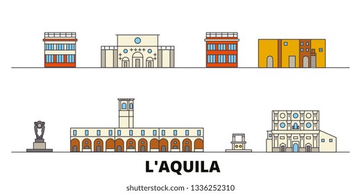 Italy, L'aquila flat landmarks vector illustration. Italy, L'aquila line city with famous travel sights, design skyline. 