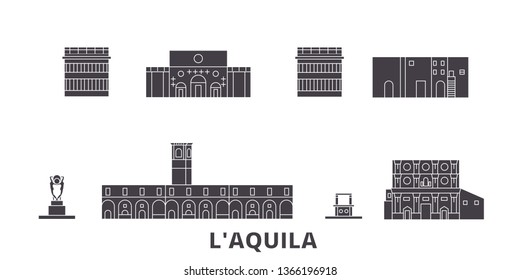 Italy, L'aquila flat travel skyline set. Italy, L'aquila black city vector illustration, symbol, travel sights, landmarks.