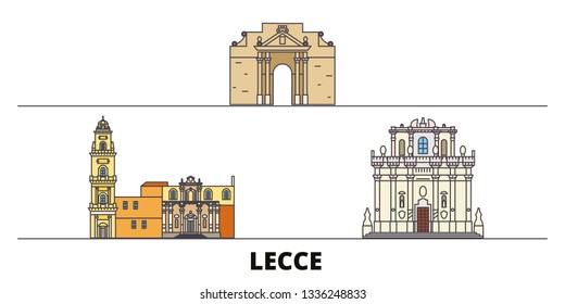 Italy, Lecce flat landmarks vector illustration. Italy, Lecce line city with famous travel sights, design skyline. 