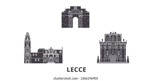 Italy, Lecce flat travel skyline set. Italy, Lecce black city vector illustration, symbol, travel sights, landmarks.