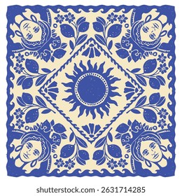 Itália limão bandana impressão, mão desenhada vintage Amalfi verão quadrado azulejo decorativo, silhueta de limão. Design tradicional de lenço azul mediterrâneo retrô, sinal de sol. manta de moda bandana Itália