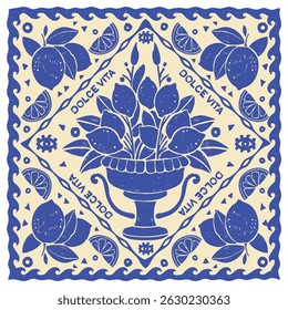 Itália limão bandana Sicília imprimir mão desenhada verão Amalfi quadrado lenço azul retro design. tradicional ornamental dolce vita mediterrânea tecido moda azulejo floral. Padrão de fruta de bandana na Itália