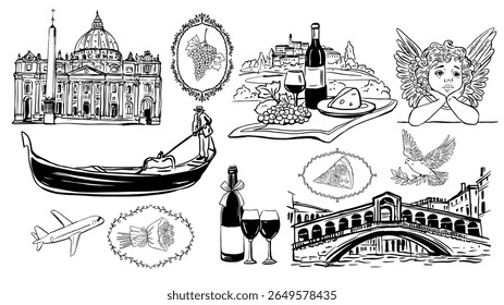  Italy Line Art with Wine and Countryside Hand Drawn Gondola, Basilica and Cheese Vintage Sketches of Rome and Venice