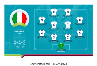 Italy line-up Football 2020 tournament final stage vector illustration. Country team lineup table and Team Formation on Football Field. euro 2020 soccer tournamet Vector country flags.