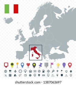 Italy location on Europe Map - Transparent background - Highly detailed vector illustration of map.