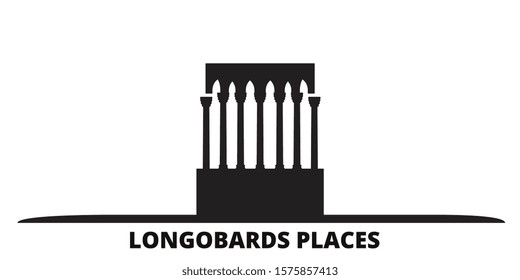 Italy, Longobards Places city skyline isolated vector illustration. Italy, Longobards Places travel black cityscape
