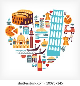 Italy love - heart shape with vector icons