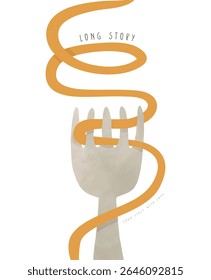 Da Itália Com Amor. Longa História. Engraçado mão desenhado impressão com garfo e massa. Bifurcação com forma de Spahgetti em um fundo branco. Impressão de estilo infantil com comida italiana tradicional. RGB