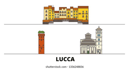 Italy, Lucca flat landmarks vector illustration. Italy, Lucca line city with famous travel sights, design skyline. 
