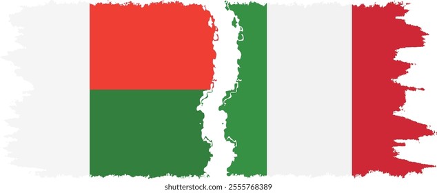 Italy and Madagascar grunge flags connection, vector