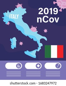 italy map with 2019 ncov infographic vector illustration design