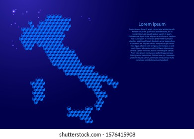 Italy map from 3D blue cubes isometric abstract concept, square pattern, angular geometric shape, glowing stars. Vector illustration.
