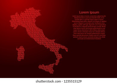Italy map abstract schematic from red ones and zeros binary digital code for banner, poster, greeting card. Vector illustration.