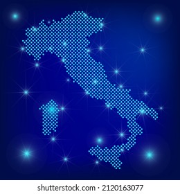 Italy  map in blue. Dotted map. Dots   Italian Republic  map with spotlights on dark blue background.  Global social network.  Blue futuristic background with Dotted map . EPS10