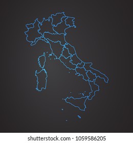 Italy map: blue glitter outline with sparkling stars on dark background. Detailed map of Italy. Vector illustration.