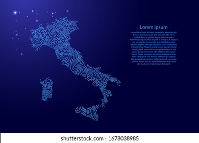 Italy map from blue isolines or level line geographic topographic map grid and glowing space stars. Vector illustration.