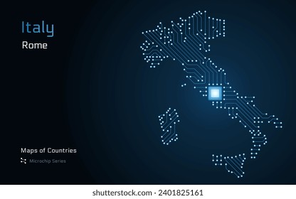 Italy Map with a capital of Rome Shown in a Microchip Pattern with processor. E-government. World Countries vector maps. Microchip Series	
