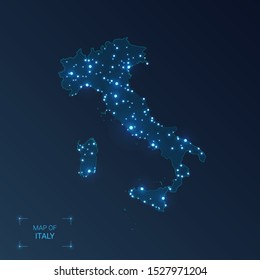 Italy map with cities. Luminous dots - neon lights on dark background. Vector illustration. 