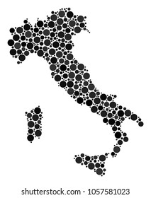 Italy Map collage of round dots in various sizes and color tinges. Round dots are grouped into italy map vector collage. Vector illustration.
