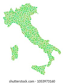 Italy Map collage of small circles in different sizes and ecological green color tones. Circle dots are organized into italy map vector mosaic. Ecological vector design concept.